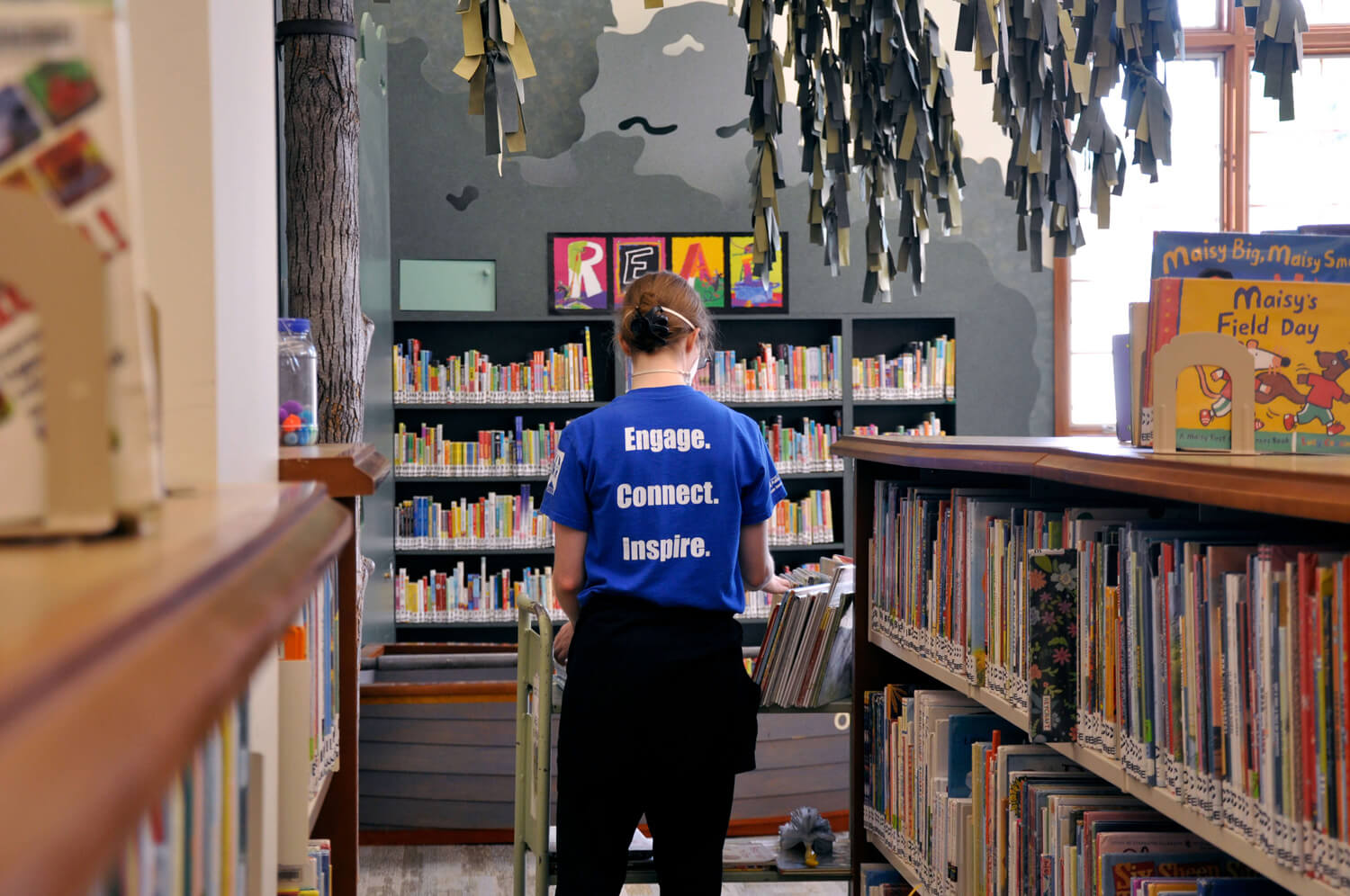 A librarian standing between bookshelves, facing away from the camera.