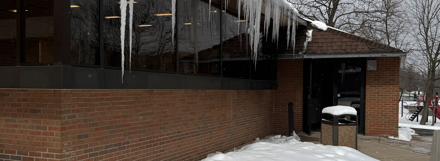 Chardon Branch, Exterior Entrance The rear entrance of Geauga County Public Library’s Chardon Branch is covered in snow and ice.