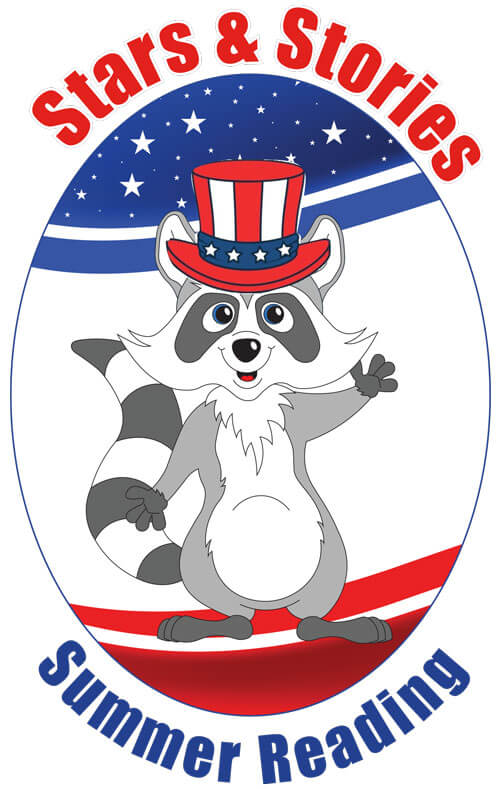 Illustrated raccoon waving, wearing a patriotic hat with "Stars & Stories" above and "Summer Reading" below.