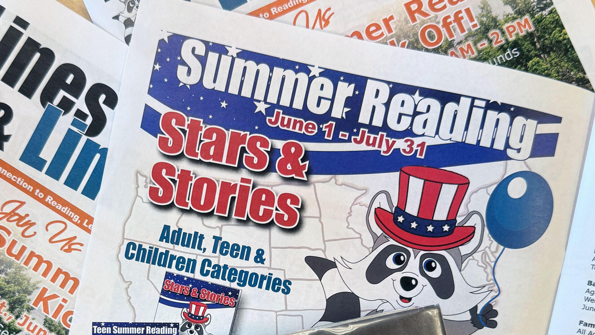 Summer Reading, Stars and Stories Flyer for "Summer Reading: Stars & Stories" with a raccoon in an Uncle Sam hat.